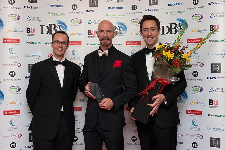 Alex Fuller of Santander with Jason Gault of Teamjobs and Alex Bilionis of Lester Aldridge at last year's Dorset Business Awards