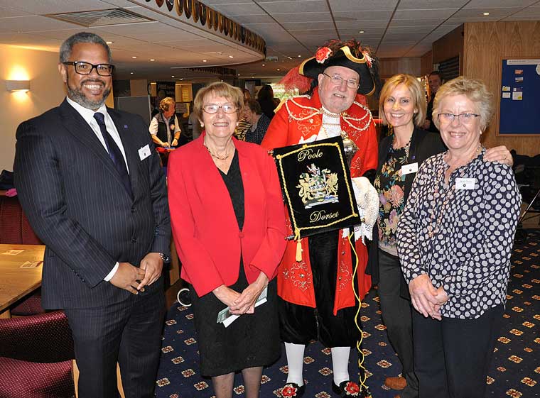 (l-r) Nick Douch, MD of Douch Family Funeral Directors, town crier David Squire, Dame Annette Brooke, Wendy Percey and Emma Regan from Douch Family Funeral Directors.