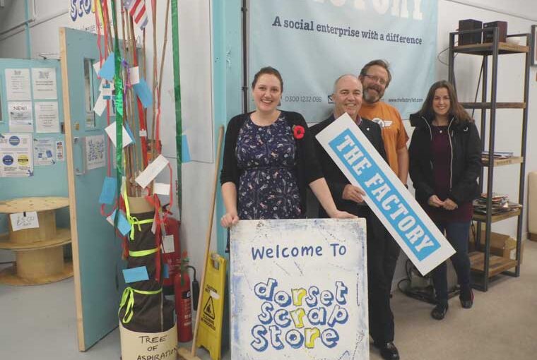 (L-R) Vanessa Marsh, general manager at the Dorset Scrapstore, with Peter Wiggins, enterprise business manager at New Leaf, Jon from Print Room 105 (PR105) and Lisa from Hey Create, businesses also located at the Factory