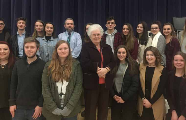 Holocaust Survivor, Joanna Millan, with staff and students at Queen Elizabeth’s School
