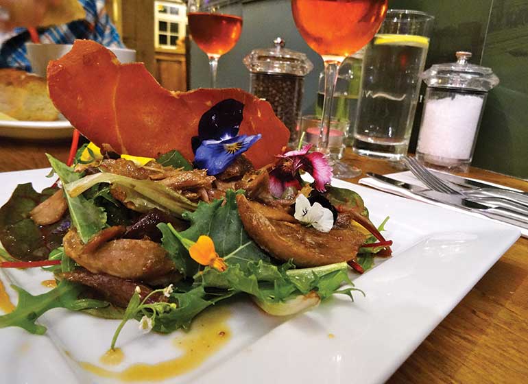 Avon Causeway: Confit shredded duck, crispy Parma ham salad and rum-soaked figs