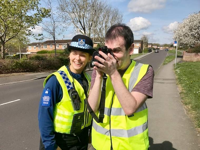 Officers and day centre users carry out speed checks in Blandford