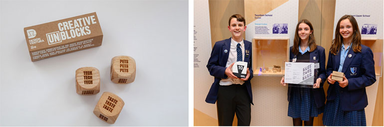 Three members of the team with the Creative (Un)blocks. Photo by the Design Museum and Richard Heald