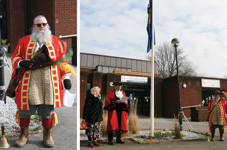 Left: The town crier doffs his hat. Right: The Mayor delivers the Commonwealth message from HM The Queen, the Head of the Commonwealth