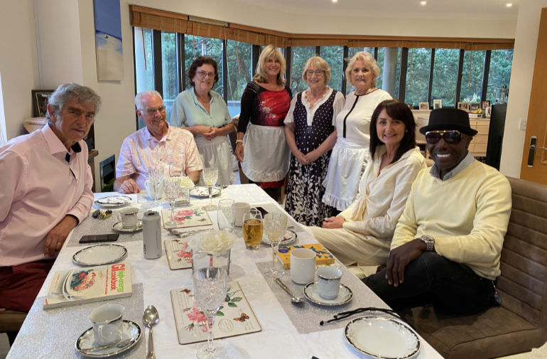 FOODIE FUNDRAISERS – Gill Emeny (back row, third from left) is seen here with friends at one of her first Eat In To Help Out events