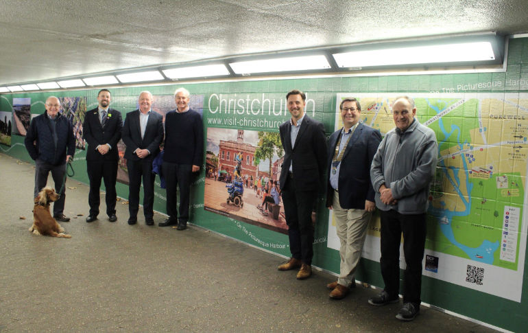 L-R: Peter Watson-Lee and dog, Chamber Executive Committee, Pete Brown, Waitrose store manager, Tim Brown and Peter Thorne, Chamber Executive Committee, Cllr Phillip Broadhead, Andy Barfield, Chamber president and Bob Atkins, Chamber Executive Committee