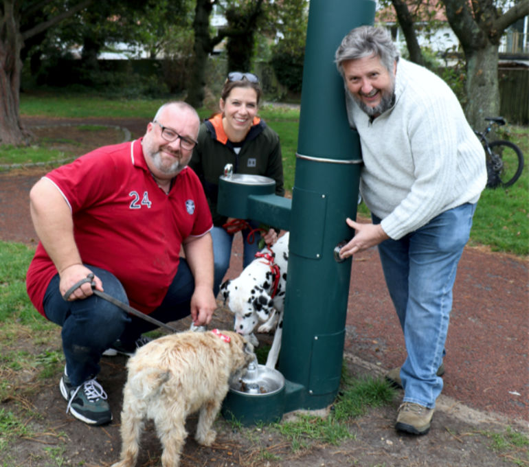 Ed Burke, Gemma Gallagher and Cllr Mark Anderson, with dogs- Boswell and Mickey
