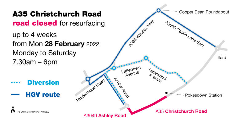A35 Christchurch Road diversion map