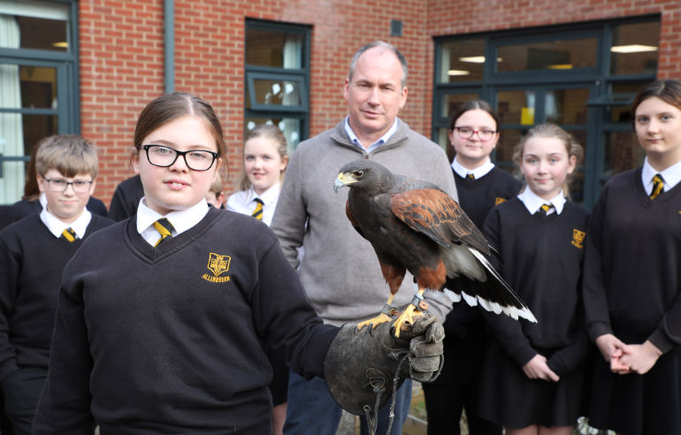 Ty, the seven-year-old male Harris hawk, which is the star of a new after-school falconry club at Allenbourn Middle School in Wimborne