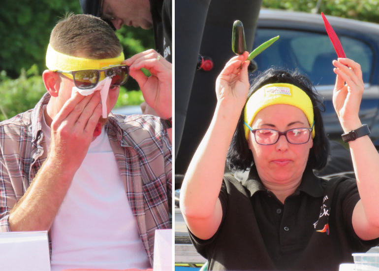 L: Chilli eating contestant finds he can't stand the heat and R: Irena prepares for the Chilli-off