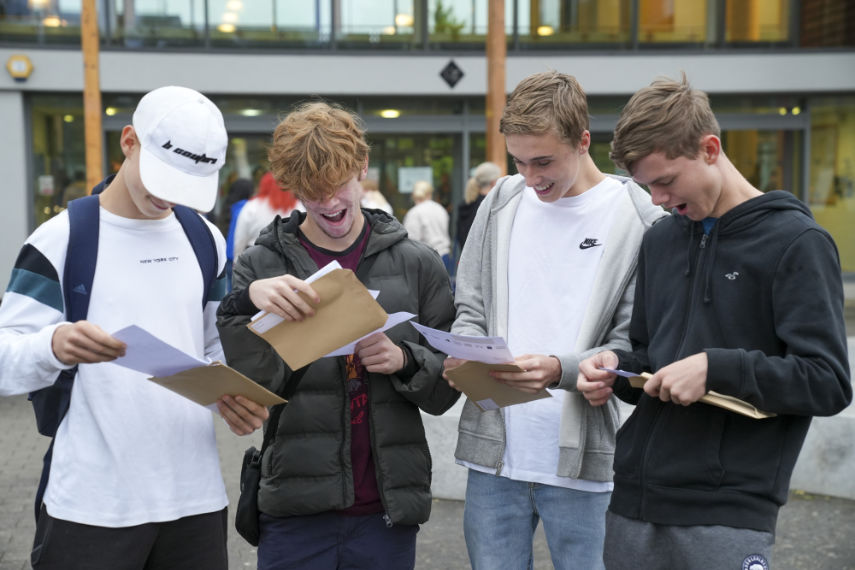 Oli Shears, Chase Sibley, Jon Dunn and Willian Slater-Hawksworth collect their results at QE School in Wimborne