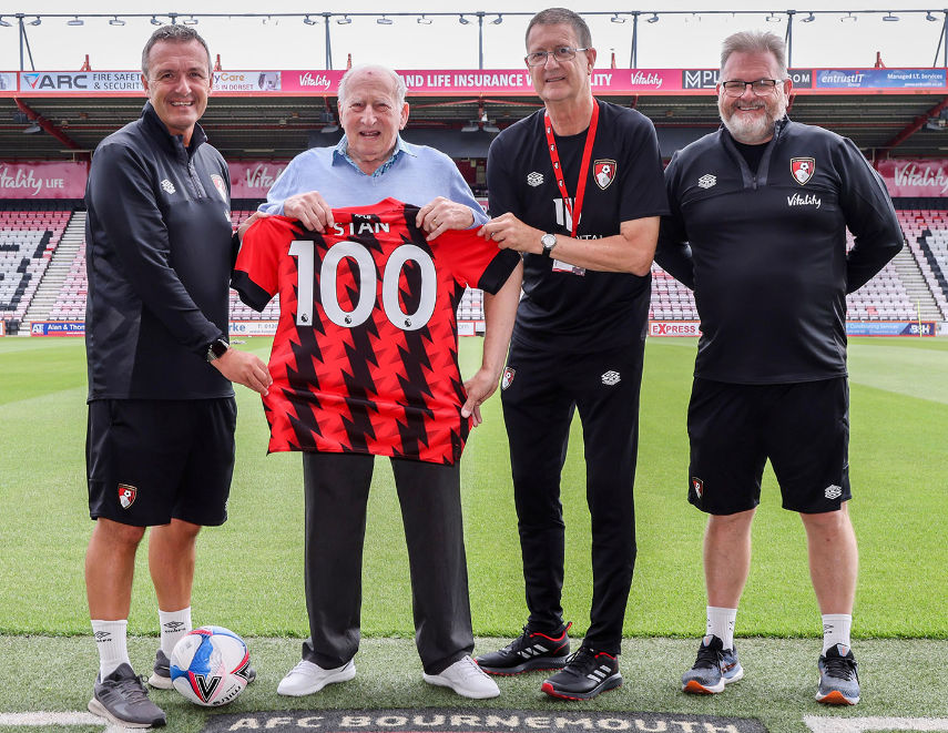 100 year old former footballer Stan Holland who resides at Care South's Wickmeads Care Home in Christchurch enjoyed a tour of AFC Bournemouth's Vitality Stadium. He is pictured with Steve Cuss, Neil Vacher and Paul Keeping.
