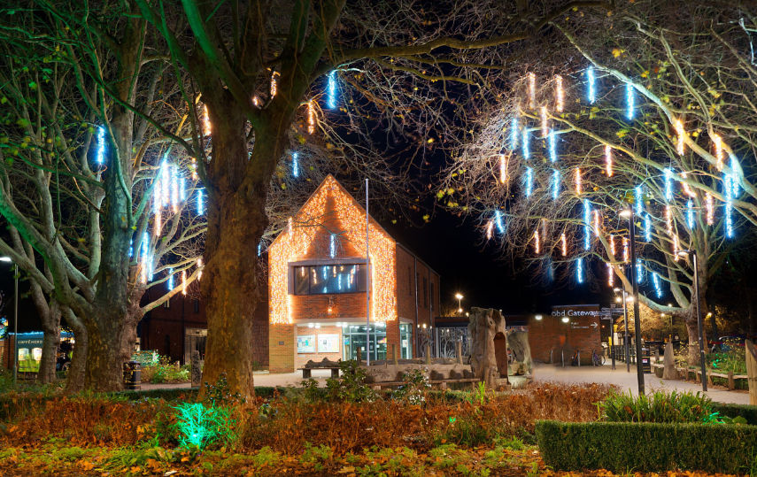 Ringwood Gateway council offices all lit up as the town bounces back for Christmas