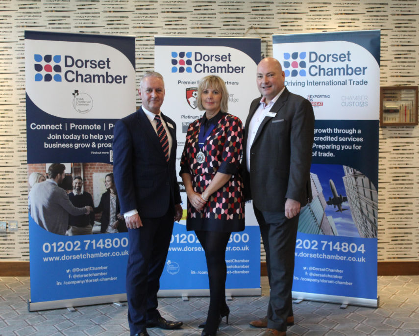 RALLYING CRY: From left are Dorset Chamber chief executive Ian Girling, president Caron Khan and vice-president Tony Brown at the business support organisation’s annual meeting in December 2022