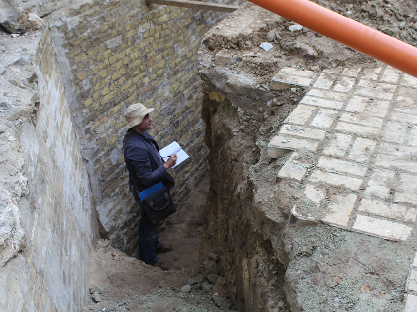 Ukrainian Archaeologist Dr Sergiy Taranenko in foundations of the Church of the Saviour at Berestove