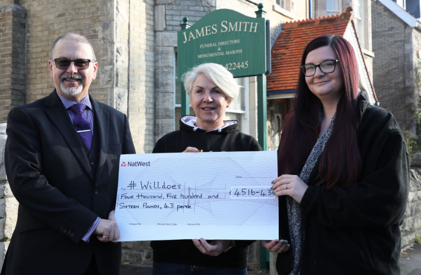 Lesley was presented with the cheque for £4,516.43 by staff at Douch Family Funeral Directors’ Swanage branch James Smith