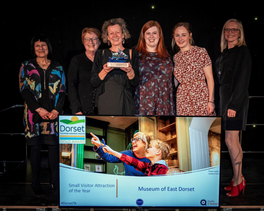 L-R: Vanessa Joseph, trustee, Sara Marshall, chairman of the Priest’s House Museum Trust, Sharon Sutcliffe, events officer, Chezzie Hollow, director, Annika Lennox, visitor experience and operations officer, and Vanessa Chant from Baboo Gelato of Bridport (award sponsor)