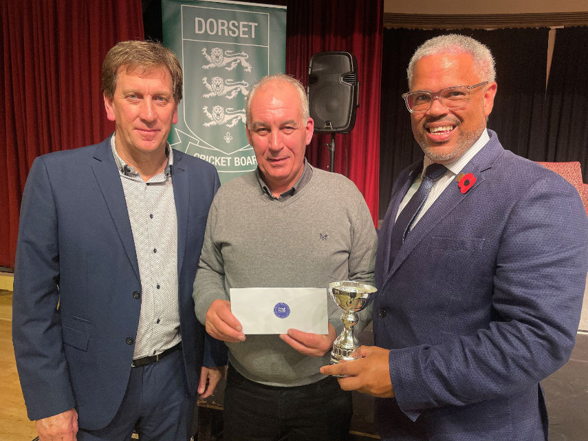 (l-r) Kevan James, former Hampshire CCC player and host of the gala evening, Dave Abbott, Chairman of Blandford CC and Nick Douch, from Douch Family Funeral Directors