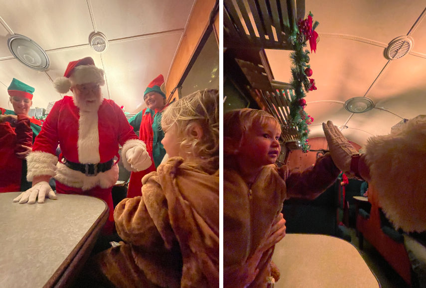 L: Santa and his elves greet an excited passenger and R: High Five for Santa from an excited two-year-old aboard the Polar Express from Swanage