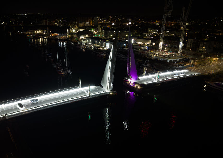 Twin Sails Bridge fully open at night