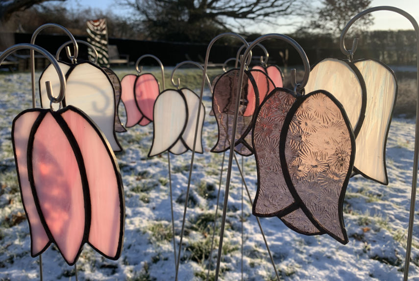 Forest Holme Stained glass fritillaria flowers designed by Ellie Drake-Lee from Garden Glass Art