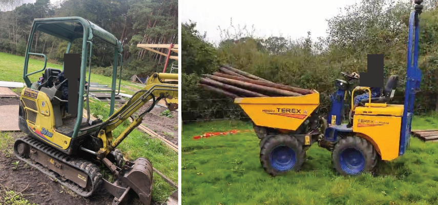 Images of the stolen equipment are supplied by Dorset Police for use with this appeal only (Ref 140324) Yanmar SV15 digger with Nicholas Hire written on it and Terex one ton dumper